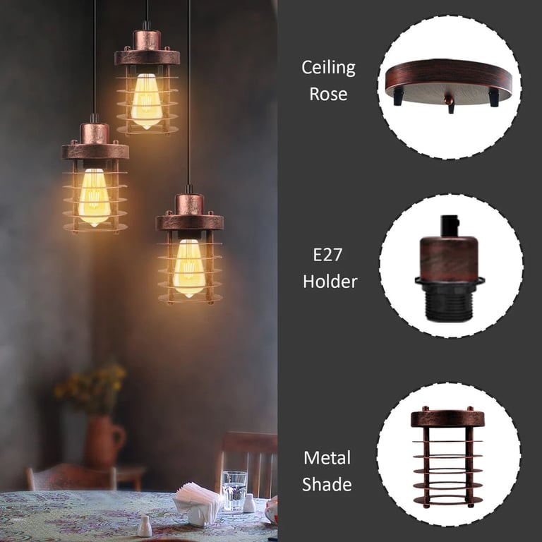 3-Light Metal Cage Cluster Pendant Ceiling Light - Dimmable E27 Bulb Compatible Retro Industrial Fixture