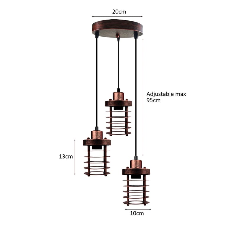 3-Light Metal Cage Cluster Pendant Ceiling Light - Dimmable E27 Bulb Compatible Retro Industrial Fixture