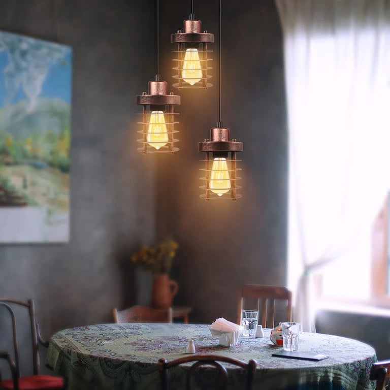 3-Light Metal Cage Cluster Pendant Ceiling Light - Dimmable E27 Bulb Compatible Retro Industrial Fixture