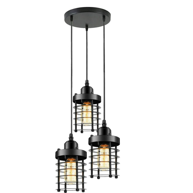 3-Light Metal Cage Cluster Pendant Ceiling Light - Dimmable E27 Bulb Compatible Retro Industrial Fixture