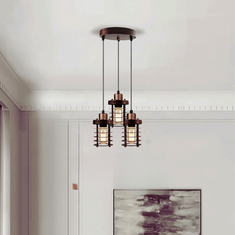 3-Light Metal Cage Cluster Pendant Ceiling Light - Dimmable E27 Bulb Compatible Retro Industrial Fixture