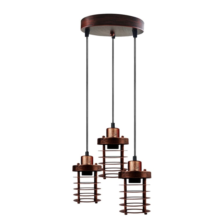 3-Light Metal Cage Cluster Pendant Ceiling Light - Dimmable E27 Bulb Compatible Retro Industrial Fixture