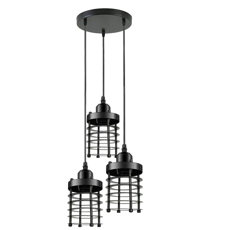 3-Light Metal Cage Cluster Pendant Ceiling Light - Dimmable E27 Bulb Compatible Retro Industrial Fixture