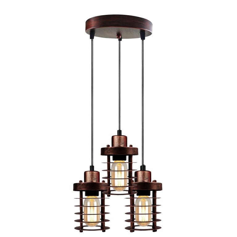 3-Light Metal Cage Cluster Pendant Ceiling Light - Dimmable E27 Bulb Compatible Retro Industrial Fixture