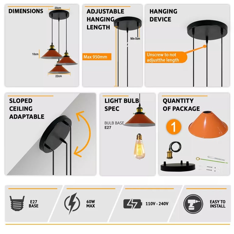 Industrial 3 Head Metal Cone Shade Dimmable Pendant Light - Vintage Style Design