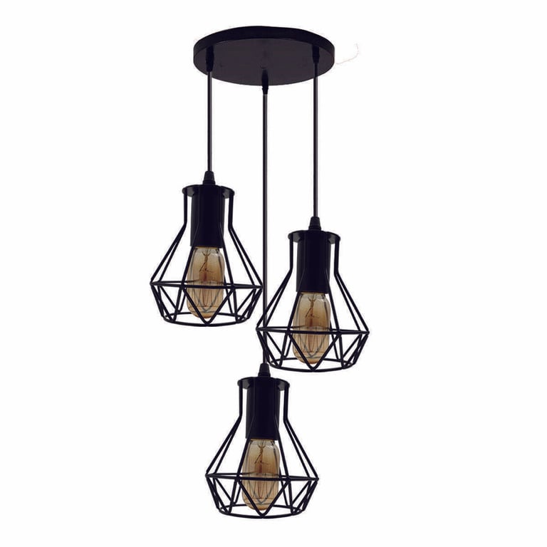 Modern 3-Head Ceiling Pendant Light - Black Metal Cage E27 Lamp Base