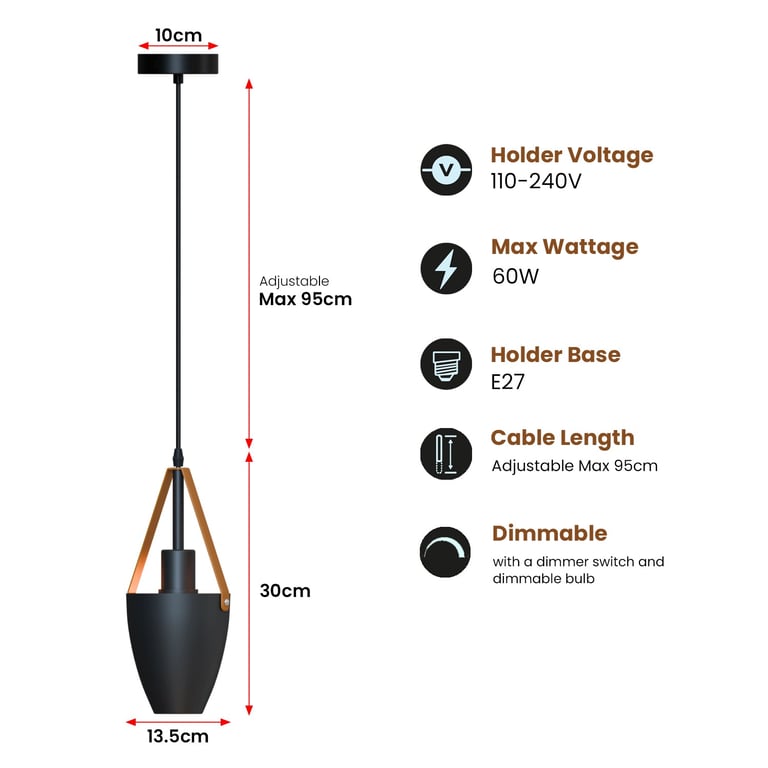 Industrial Pendant Light - Adjustable Metal Shade E27 Bulb Compatible Downlight Fixture