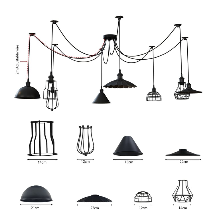 Industrial Spider Light UK Pendant Light - Multi-Shade Metal E27 Base Bulb