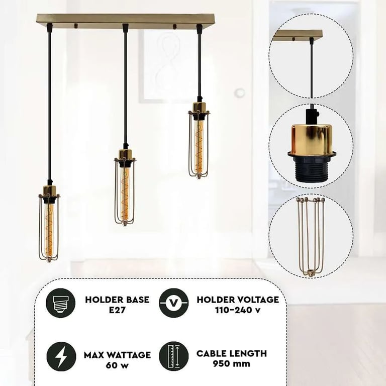 Industrial Vintage Cage Pendant Light - Adjustable 3 Head Long Tube Cluster Fixture