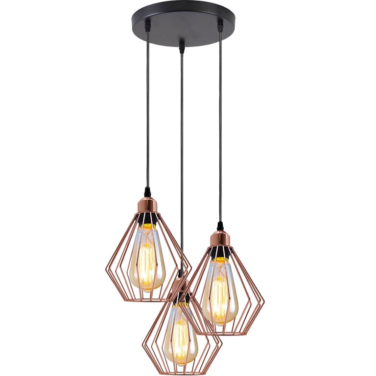 Industrial 3-Light Cluster Pendant Light with Adjustable Cord and Black Cage Lighting