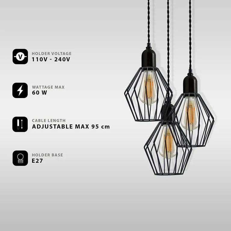 Industrial 3-Light Cluster Pendant Light with Adjustable Cord and Black Cage Lighting