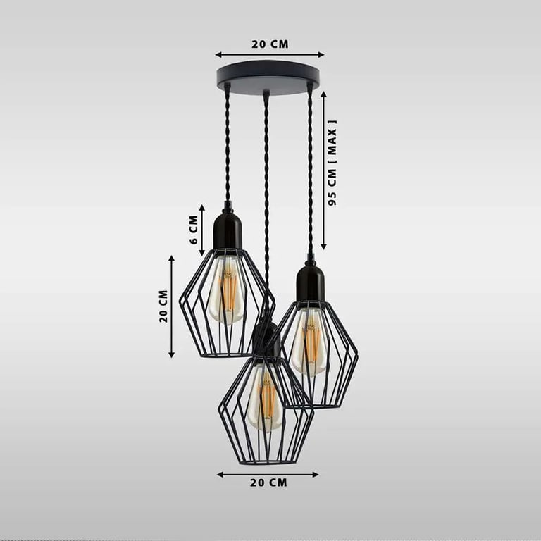 Industrial 3-Light Cluster Pendant Light with Adjustable Cord and Black Cage Lighting