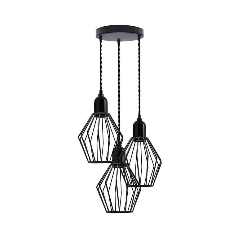Industrial 3-Light Cluster Pendant Light with Adjustable Cord and Black Cage Lighting