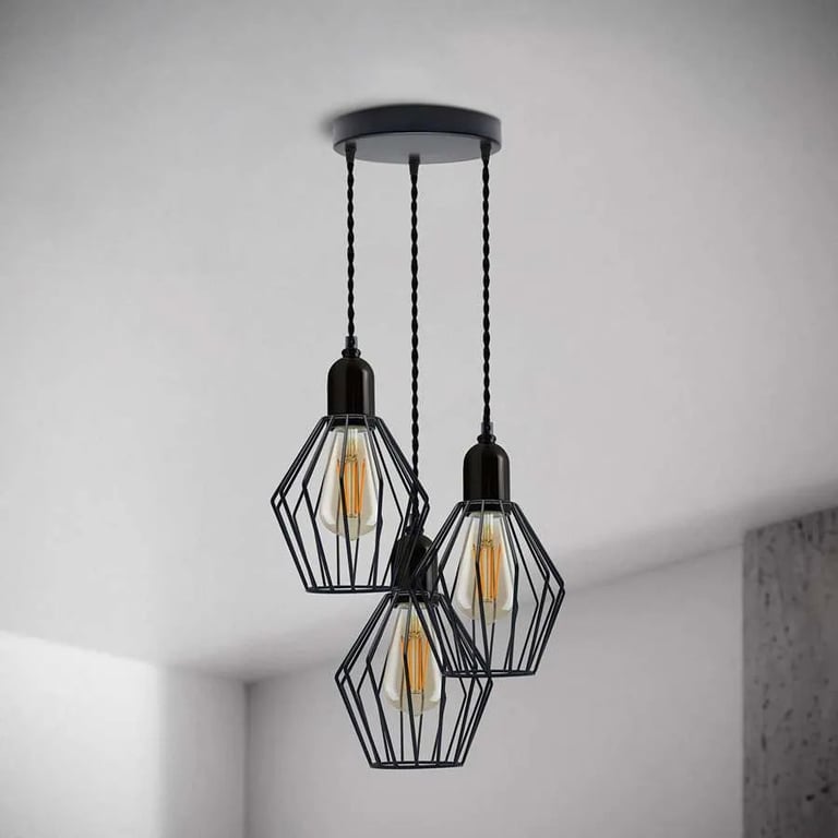 Industrial 3-Light Cluster Pendant Light with Adjustable Cord and Black Cage Lighting