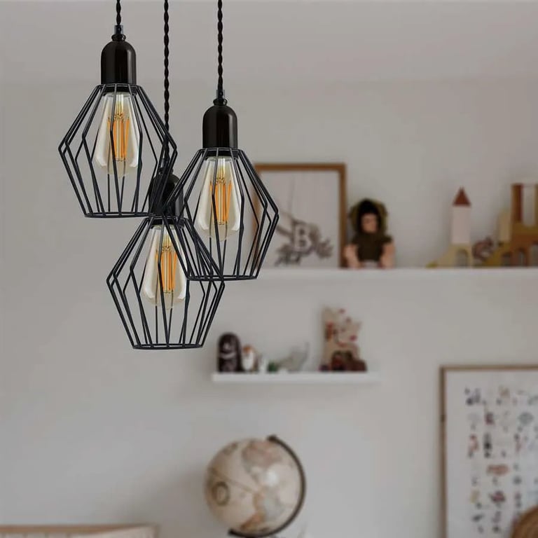 Industrial 3-Light Cluster Pendant Light with Adjustable Cord and Black Cage Lighting