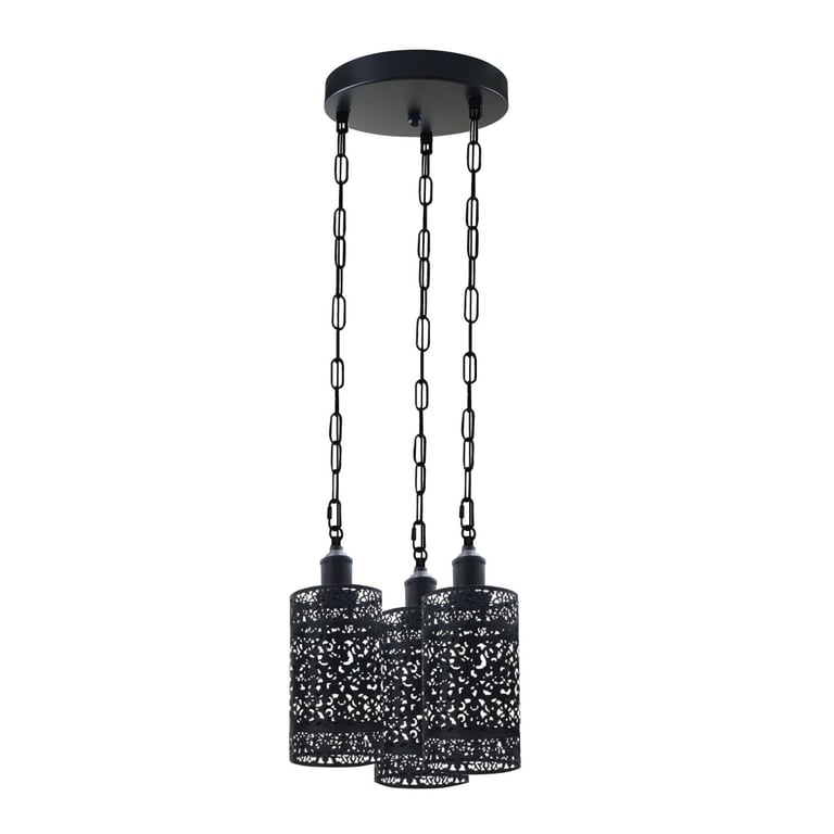 Retro 3 Way Pendant Light Fixture - Metal Barrel Cage Dimmable Ceiling Lighting