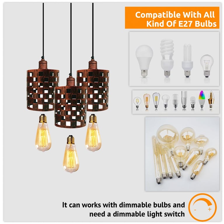 Industrial Vintage Retro 3 Way Cage Pendant Light E27 Base Dimmable Ceiling Lamp