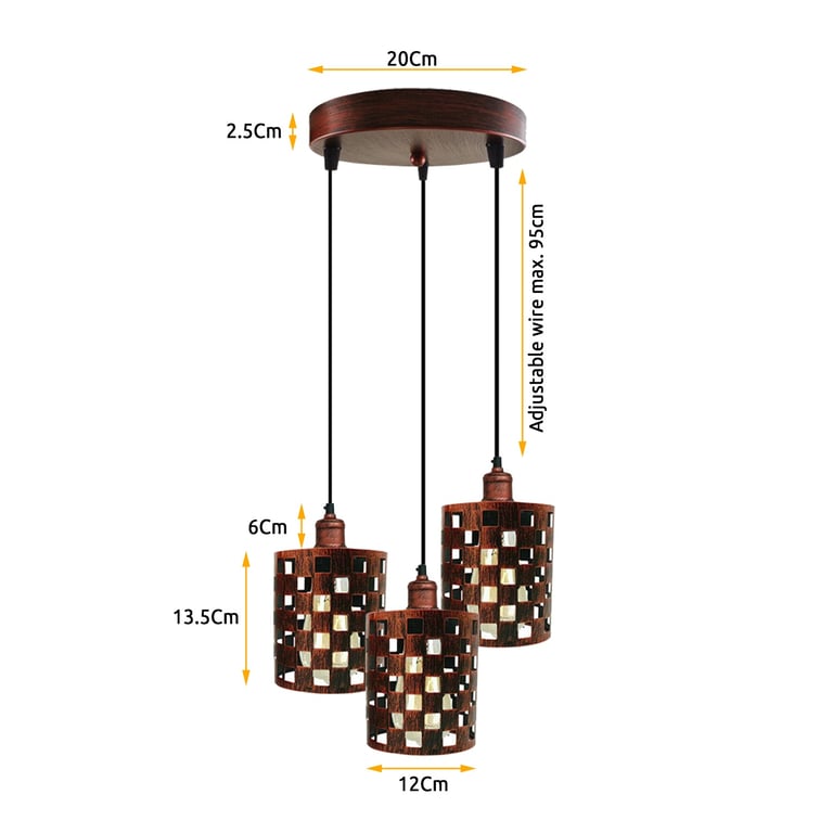Industrial Vintage Retro 3 Way Cage Pendant Light with E27 Base and Dimmable Option