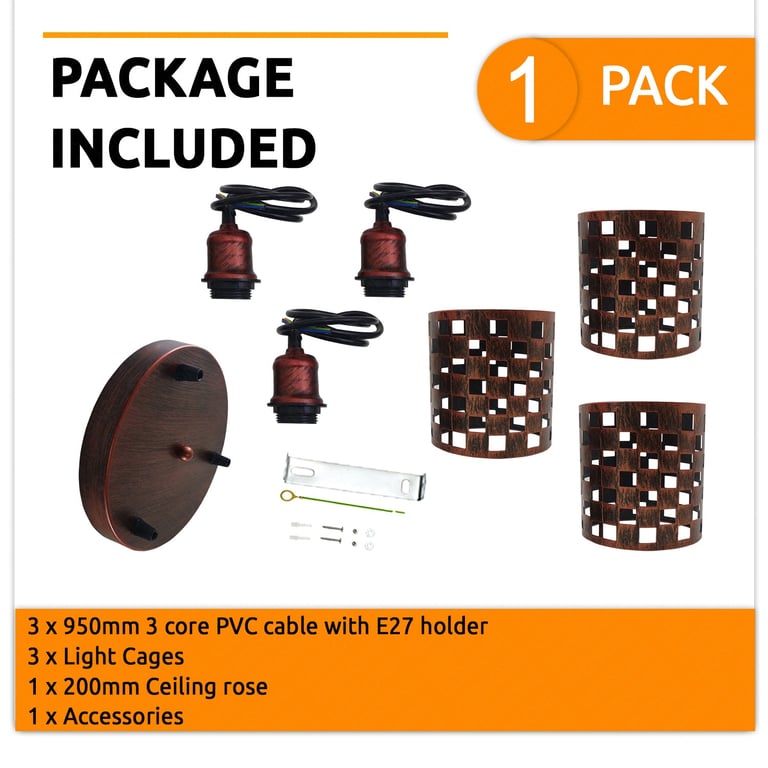 Industrial Vintage Retro 3 Way Cage Pendant Light with E27 Base and Dimmable Option