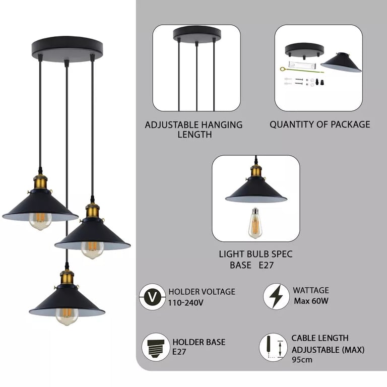 Industrial Metal Pendant Shade - Vintage Retro Chandelier Lighting with Warm Ambiance and E27 Compatibility