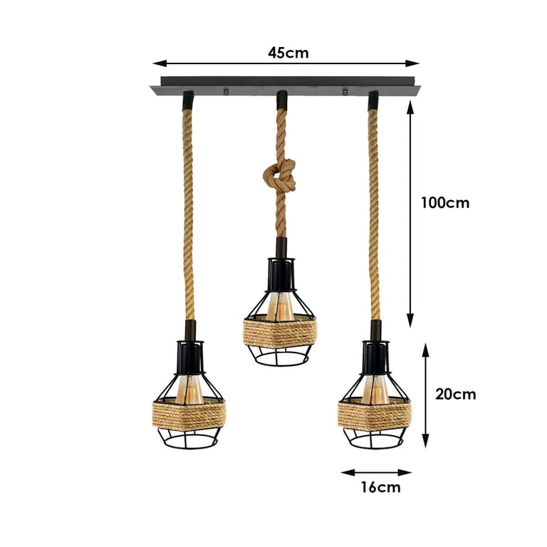 Vintage Industrial 3 Head E27 Hemp Rope Pendant Light - Warm Retro Home Decor