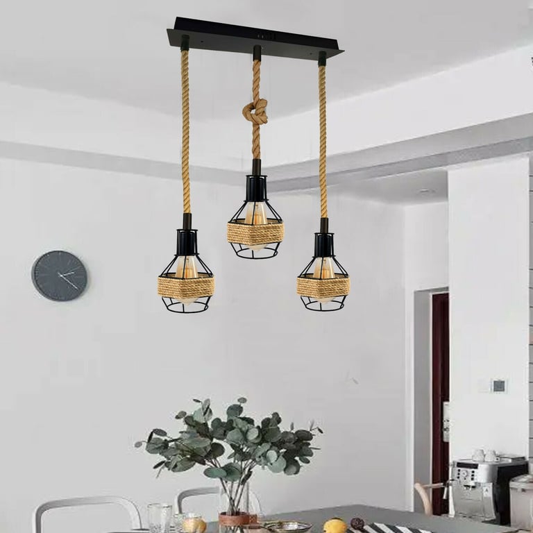 Vintage Industrial 3 Head E27 Hemp Rope Pendant Light - Warm Retro Home Decor