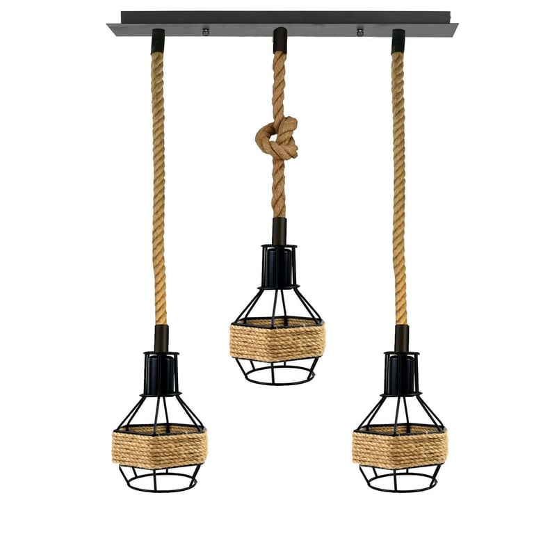 Vintage Industrial 3 Head E27 Hemp Rope Pendant Light - Warm Retro Home Decor