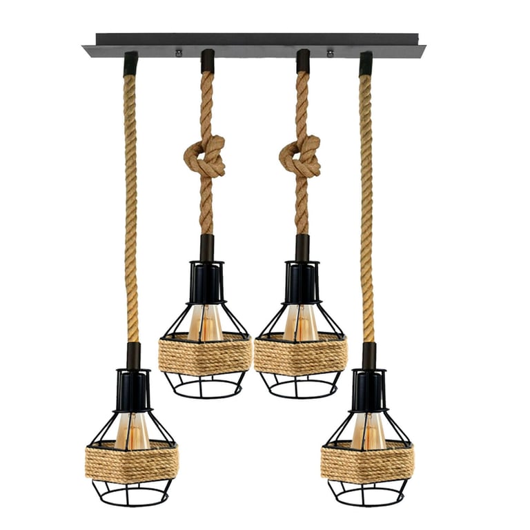 Vintage Industrial Hemp Rope Pendant Light E27 4 Heads Retro Decor Hanging Light