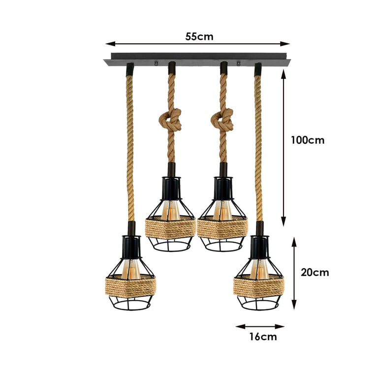 Vintage Industrial Hemp Rope Pendant Light E27 4 Heads Retro Decor Hanging Light
