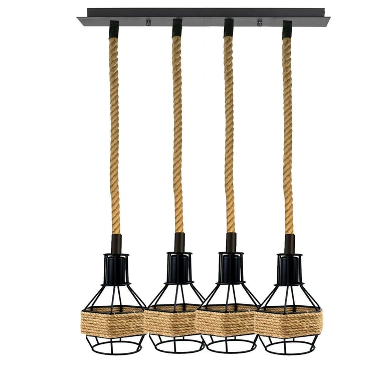 Vintage Industrial Hemp Rope Pendant Light E27 4 Heads Retro Decor Hanging Light