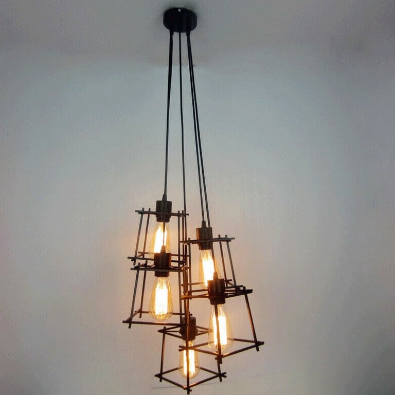 Vintage Industrial Retro Ceiling Light Cage Loft Chandelier with Rustic Metal Design and E27 Bulb Compatibility