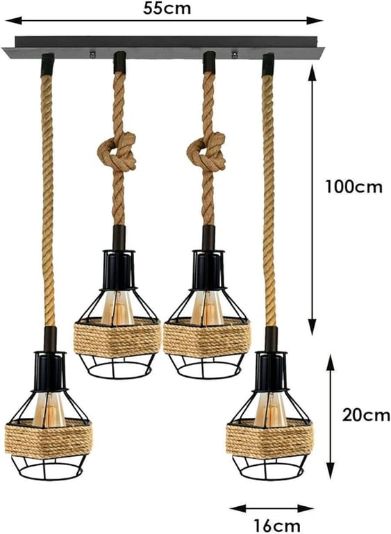 Hemp Rope Vintage Pendant Light - Adjustable Length & E27 Bulb Compatible