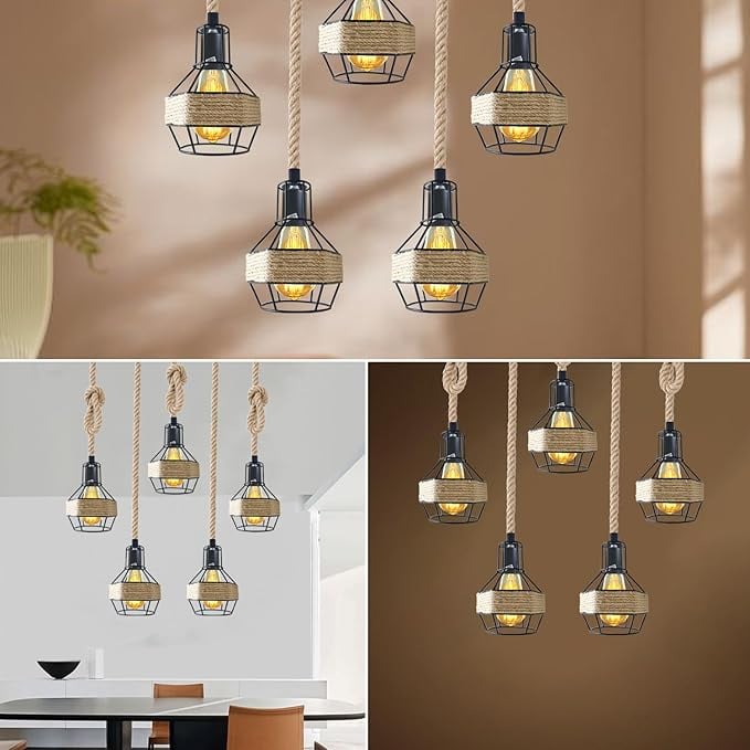Hemp Rope Vintage Pendant Light - Adjustable Length & E27 Bulb Compatible