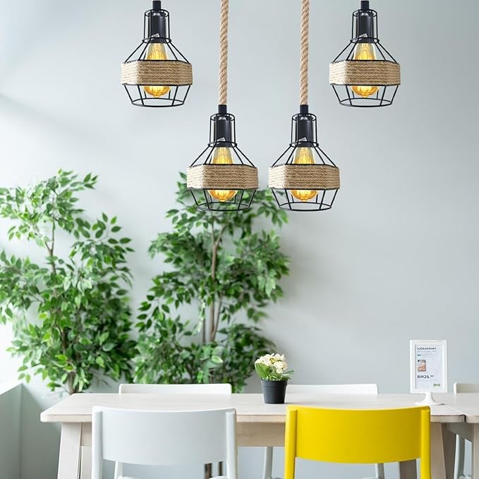 Hemp Rope Vintage Pendant Light - Adjustable Length & E27 Bulb Compatible