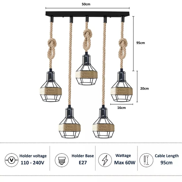 Hemp Rope Vintage Pendant Light - Adjustable Length & E27 Bulb Compatible