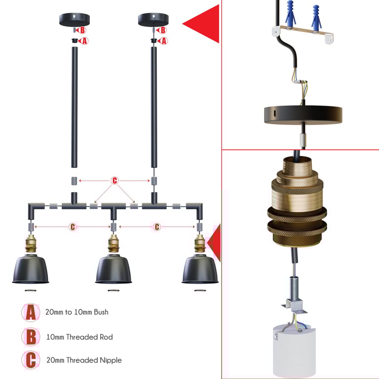 Industrial 3-Way Metal Conduit Pipe Pendant Light Fixture - E27 Compatible DIY Ceiling Light