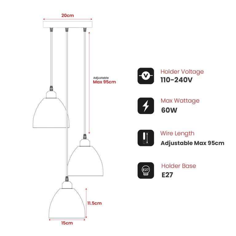 Industrial 3-Head Pendant Light - Adjustable Cables & E27 Compatible
