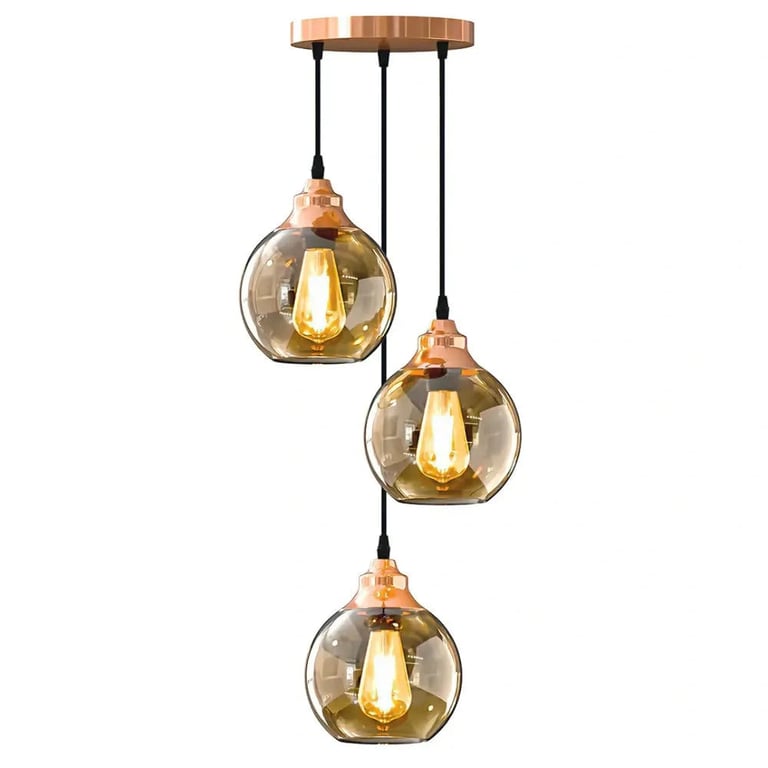 Vintage Smoked Glass Shade 3-Light Pendant Chandelier - Adjustable Cord & Semi-Transparent Glass Shades