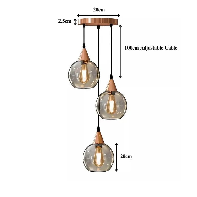 Vintage Smoked Glass 3-Light Adjustable Pendant Chandelier