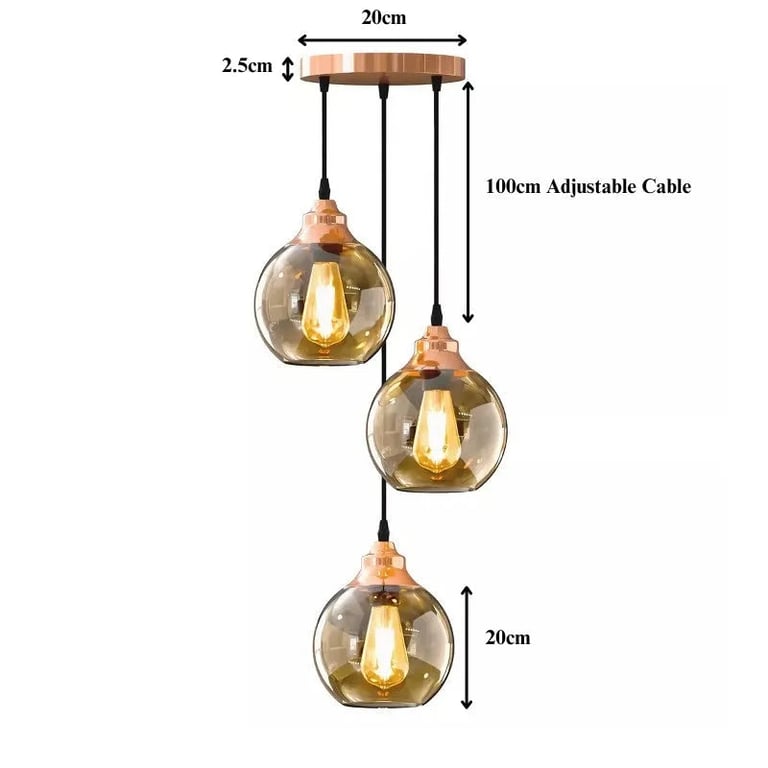 Vintage Smoked Glass Shade 3-Light Pendant Chandelier with Adjustable Cord
