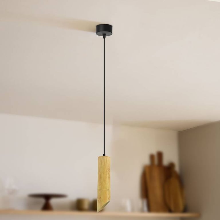 Wooden Bamboo GU10 Socket Pendant Light - Modern Adjustable Length Dimmable Tube Fixture