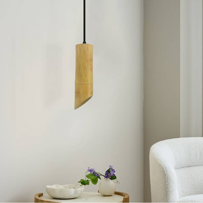Wooden Bamboo GU10 Socket Pendant Light - Modern Adjustable Length Dimmable Tube Fixture