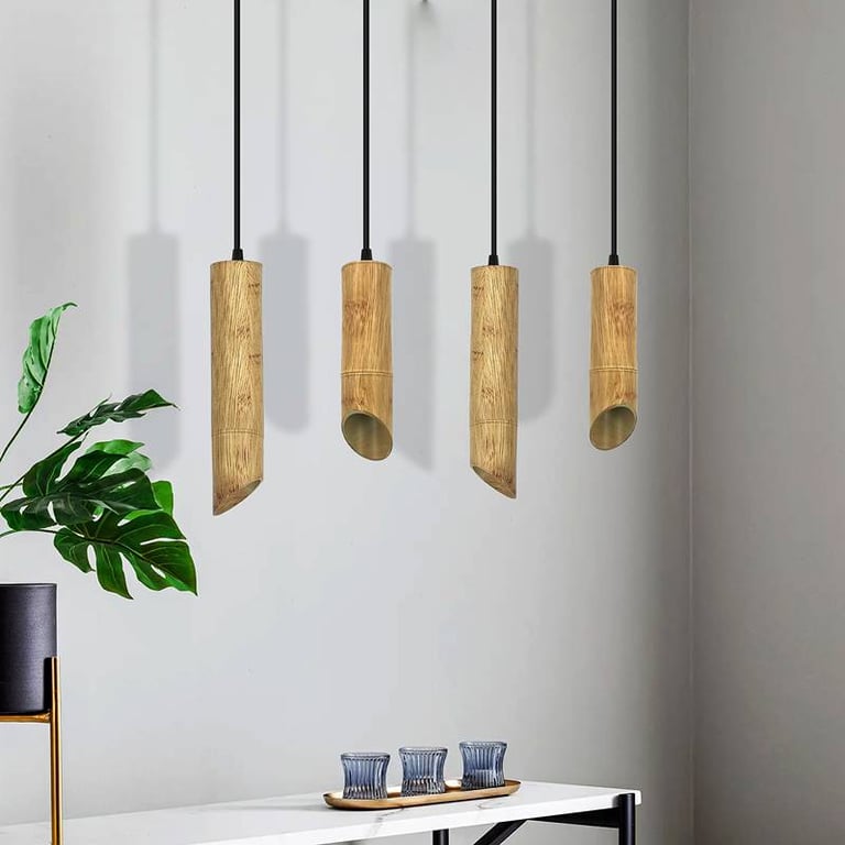 Wooden Bamboo GU10 Socket Pendant Light - Modern Adjustable Length Dimmable Tube Fixture