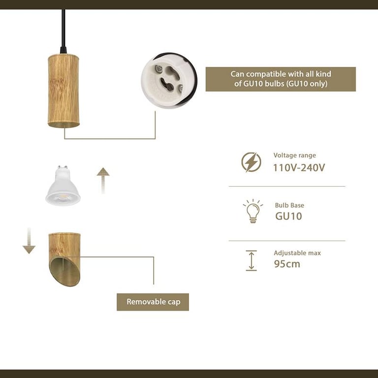 Wooden Bamboo GU10 Socket Pendant Light - Modern Adjustable Length Dimmable Tube Fixture