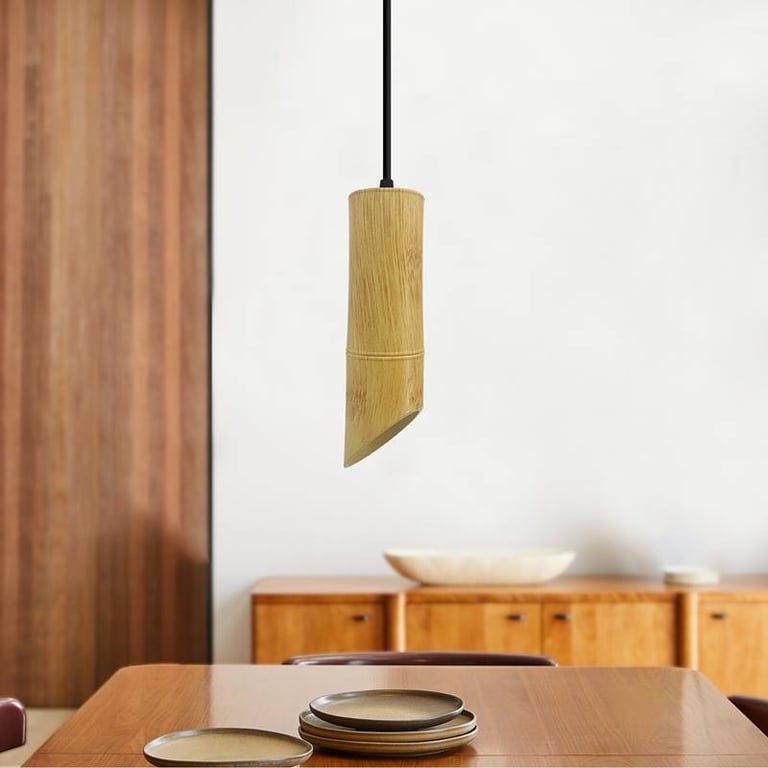 Wooden Bamboo GU10 Socket Pendant Light - Modern Adjustable Length Dimmable Tube Fixture