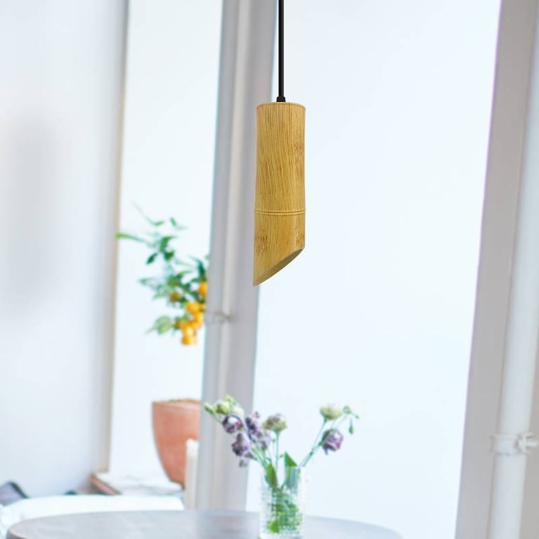 Wooden Bamboo GU10 Socket Pendant Light - Modern Adjustable Length Dimmable Tube Fixture