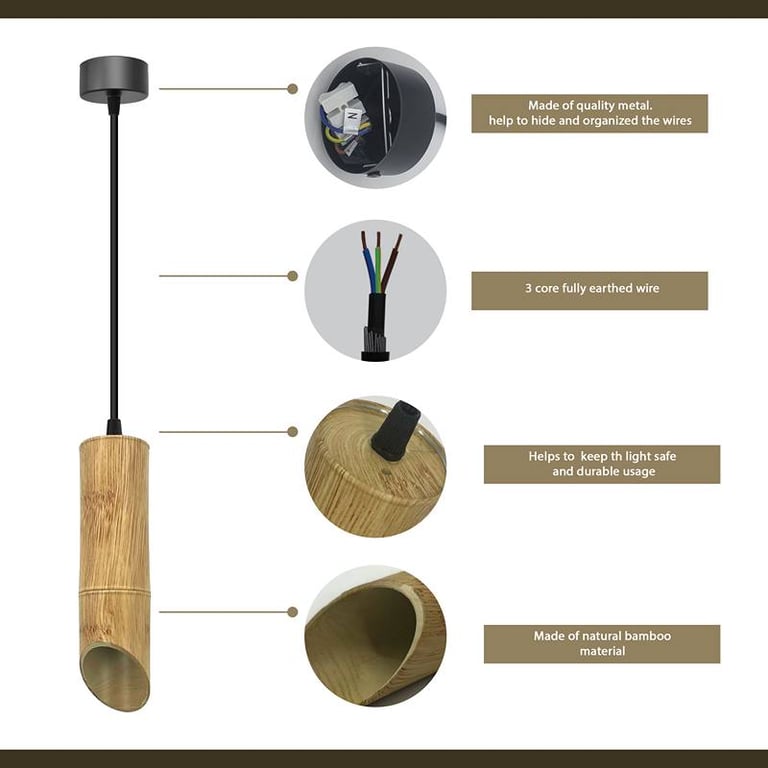 Wooden Bamboo GU10 Socket Pendant Light - Modern Adjustable Length Dimmable Tube Fixture