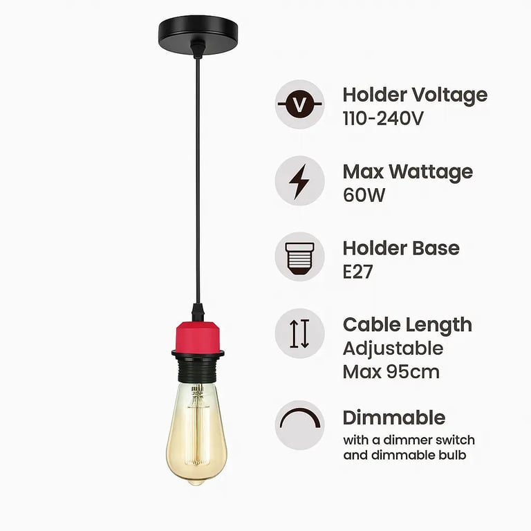 Modern Vintage E27 Pendant Light Holder - Adjustable Hanging Cable & Universal E27 Bulb Compatibility