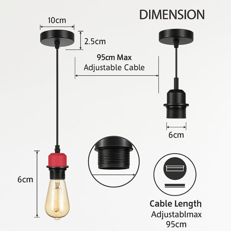 Modern Vintage E27 Pendant Light Holder - Adjustable Hanging Cable & Universal E27 Bulb Compatibility