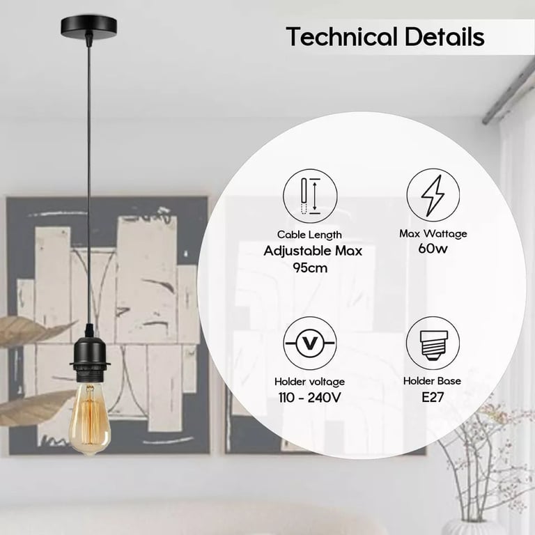 Modern Vintage E27 Pendant Light Fitting - Adjustable Hanging Lamp for E27 Bulb Compatible Lighting
